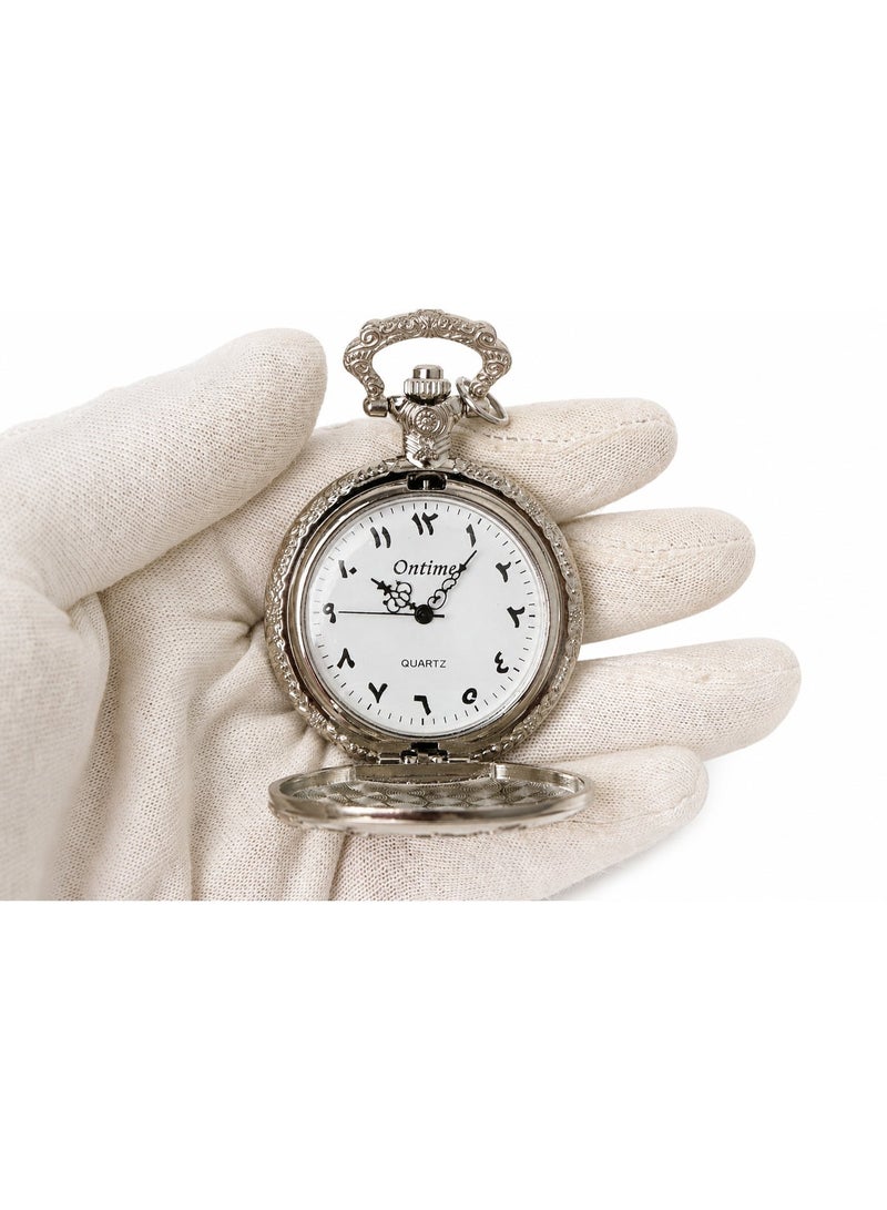 Classic Silver Pocket Watch with Chain and Engraved Cover - Image 3