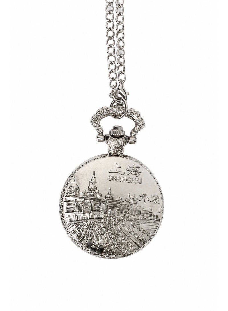 Classic Silver Pocket Watch with Chain and Engraved Cover - Image 4