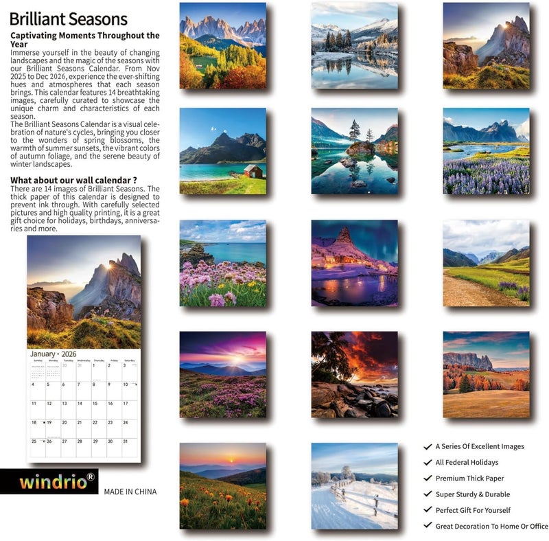 windrio 2026 Wall Calendar,Calendar 2026, January 2026 - December 2026, Wall Calendar Brilliant Seasons, 12" x 24" Opened,Full Page Months Thick & Sturdy Paper for Gift Perfect Calendar Organizing & Planning - Image 2