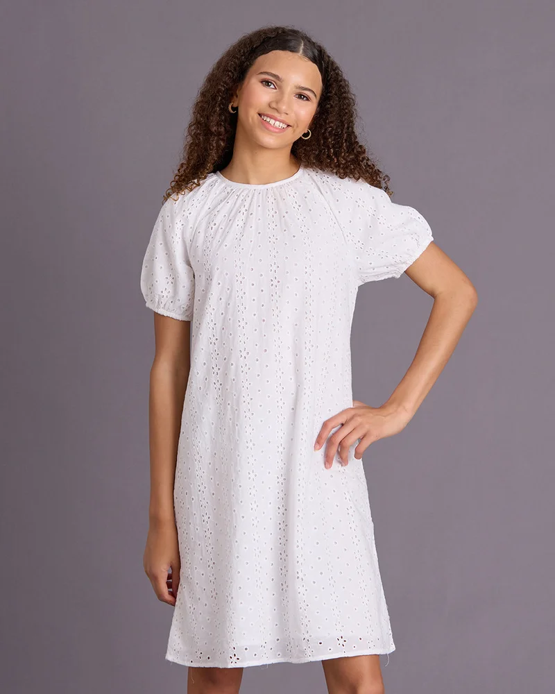 ردتاغ Senior Girls White Puff Sleeve Dress