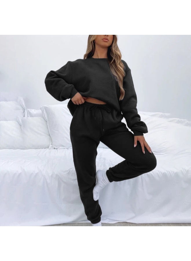 NIBEMINENT Spring And Autumn Solid-color Round-neck Pullover Long Pants For Women, Fashionable And Casual Long-sleeved Set - Image 1