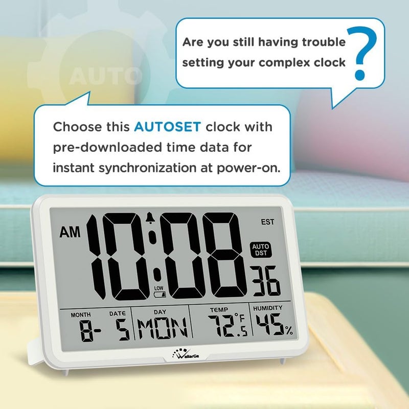WallarGe Auto-Set Digital Wall Clock Battery Operated, Desk Clocks with Temperature, Humidity and Date, Large Display, Digital Calendar Alarm Clock for Elderly, Bedroom, Office, 8" - Image 3
