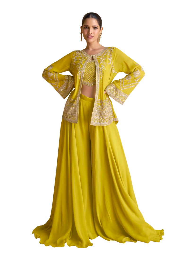 TRENDMALLS Women's Georgette Embroidery Work Crop Top with Flared Palazzo and Shrug Set (G306-Yellow-L) - Image 1