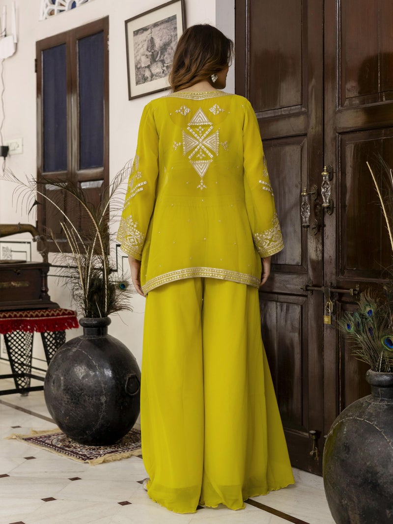 TRENDMALLS Women's Georgette Embroidery Work Crop Top with Flared Palazzo and Shrug Set (G306-Yellow-L) - Image 2