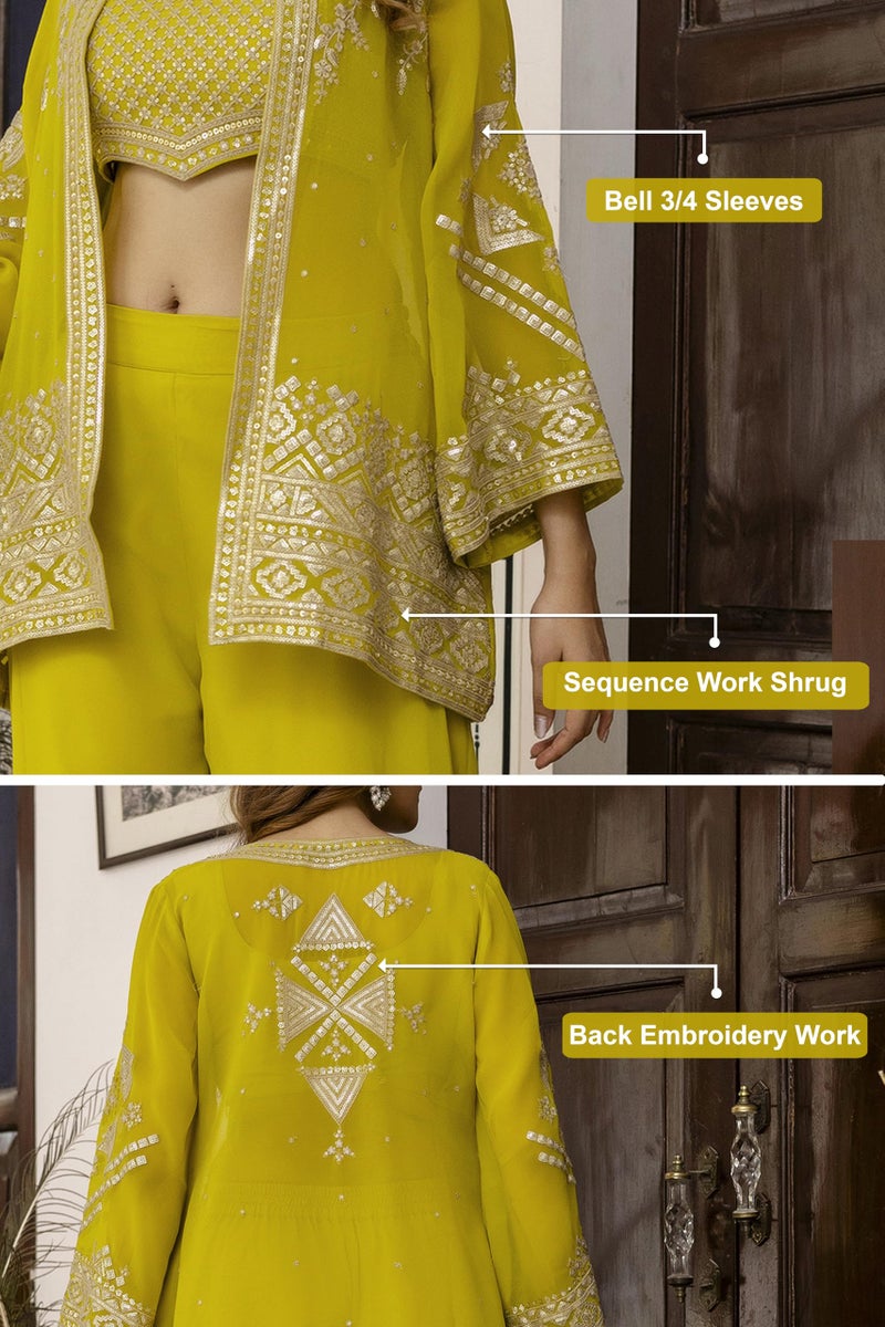 TRENDMALLS Women's Georgette Embroidery Work Crop Top with Flared Palazzo and Shrug Set (G306-Yellow-L) - Image 4