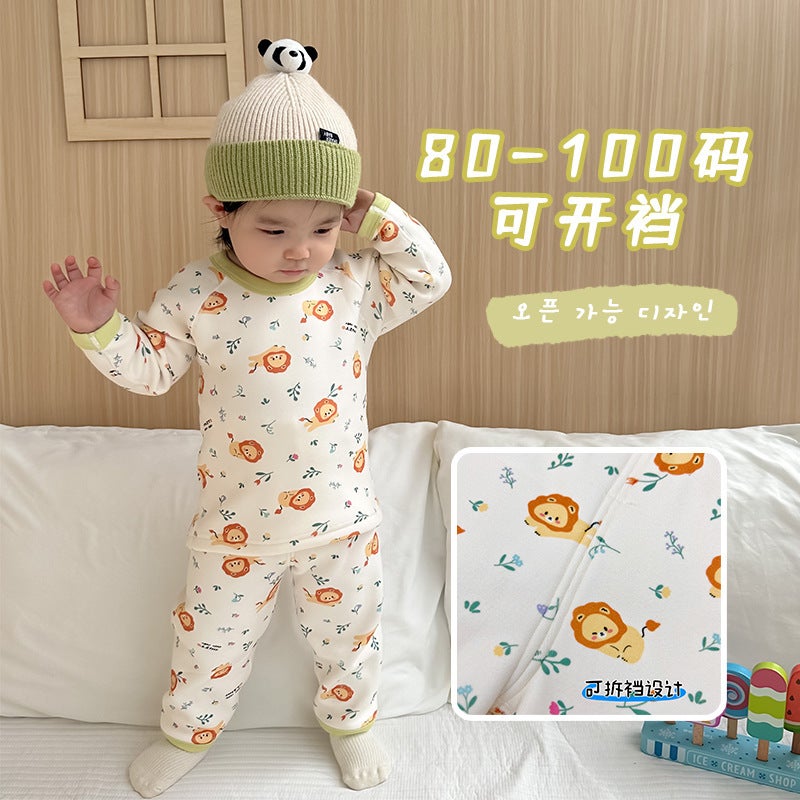 Class A baby infant boneless underwear suit autumn and winter de Velvet thickened autumn clothes long pants childrens homewear Checkerboard - Image 5