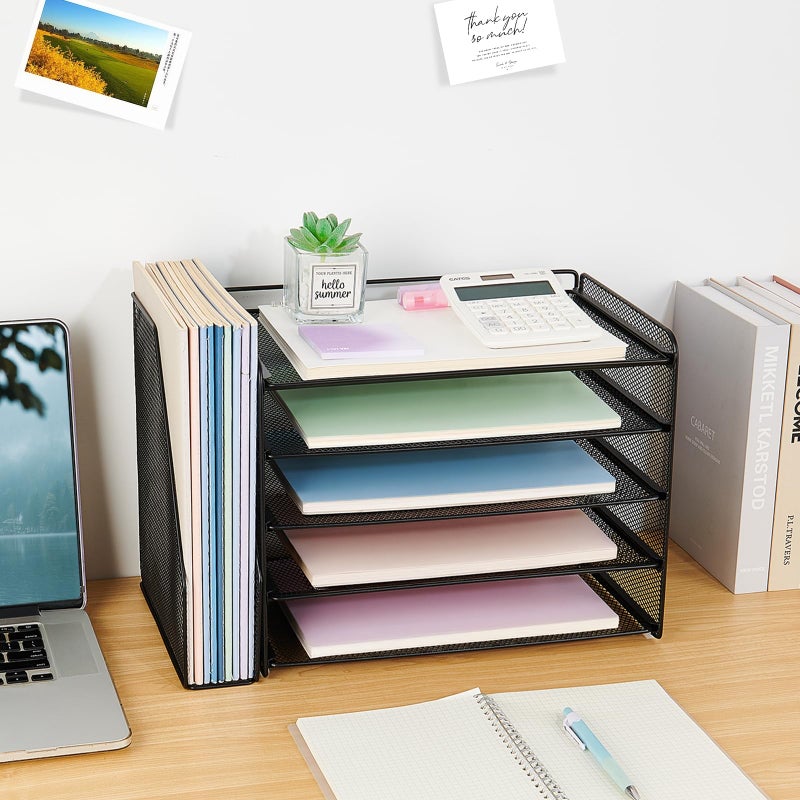 OPNICE Desk Organizer, 5-Tier Paper Organizer Letter Tray with Magazine Holder, Office Desk Accessories & Workspace Organizers, Desktop File Organizer for Office Supplies Storage, Black - Image 3