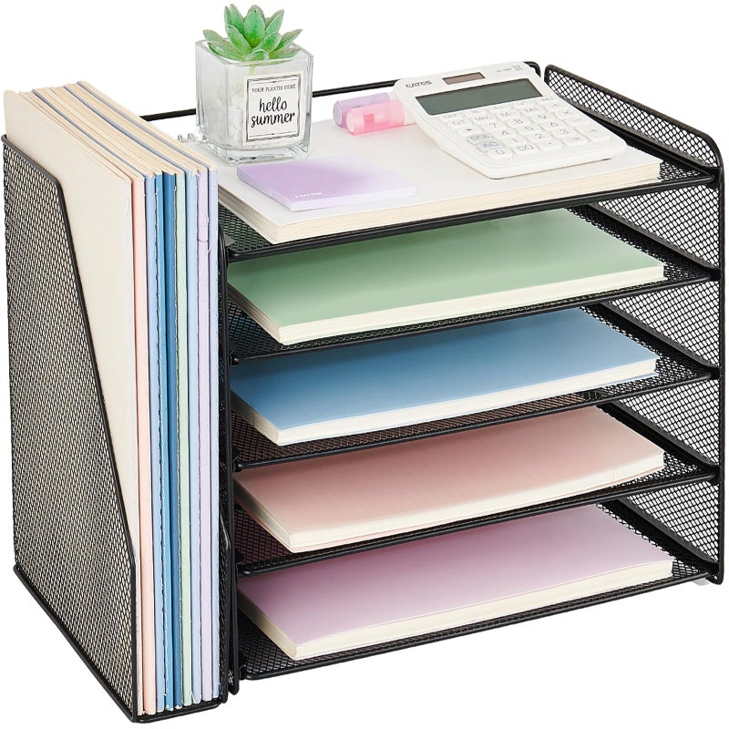 OPNICE Desk Organizer, 5-Tier Paper Organizer Letter Tray with Magazine Holder, Office Desk Accessories & Workspace Organizers, Desktop File Organizer for Office Supplies Storage, Black - Image 1