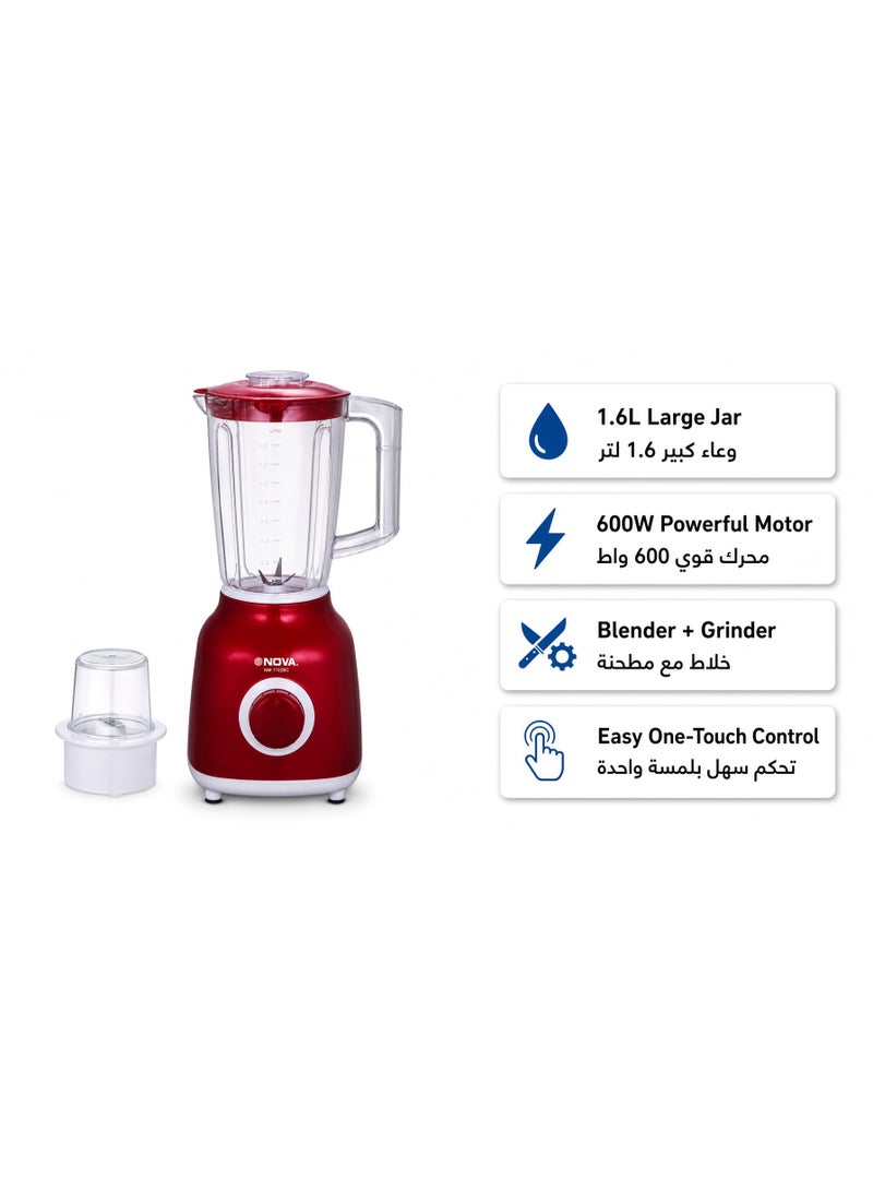 NOVA NM-1102BG Blender 600W with 1.6L Jar & Dry Grinder, Red - Image 5