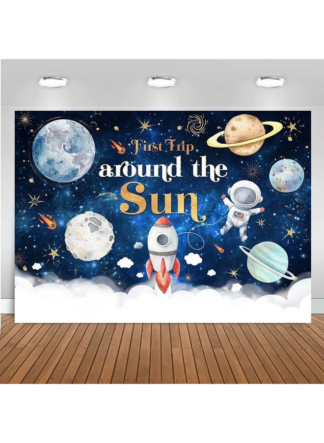 Mocsicka First Trip Around The Sun Birthday Backdrop For Boy Outer Space Sun 1St Birthday Party Decoration Galaxy Blast Off Moon Planets Rocket 1St Trip Around The Sun Cake Table Banner(82''X60'') - Image 2