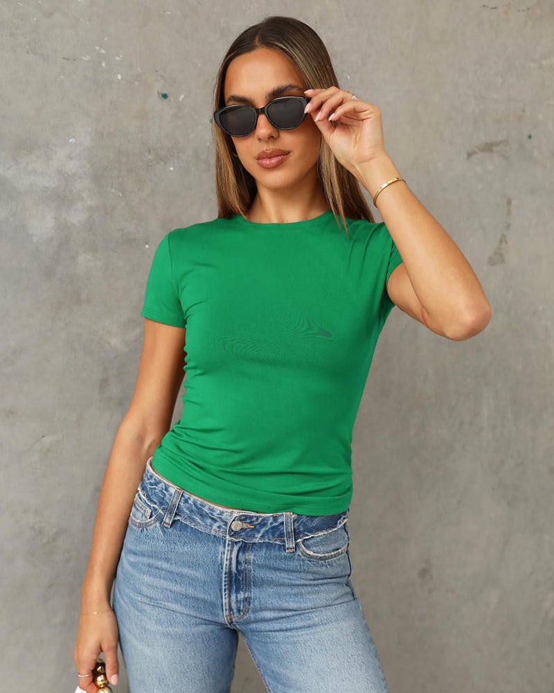 Abardsion Women's Casual Basic Going Out Crop Tops Slim Fit Short Sleeve Crew Neck Tight T Shirts 2026 (Green, M) - Image 2