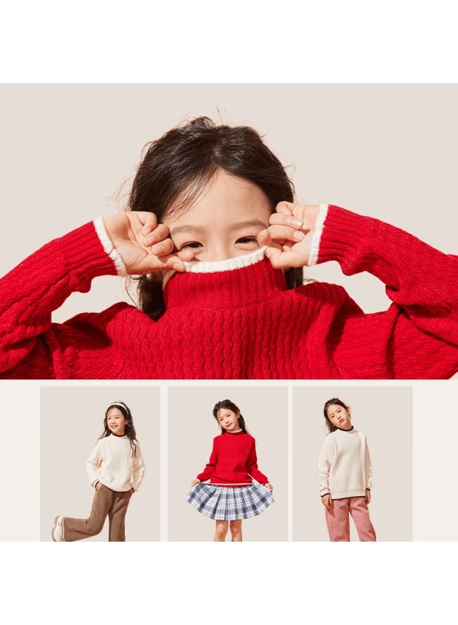 Pepco Girls' Sweater Winter New Colorblock Warm Knit Top Kids Wool Base Layer
