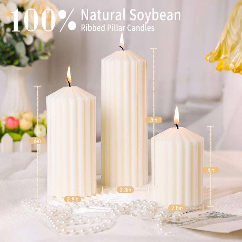 MAKALONE 3 Pack Cream White Ribbed Pillar Candles,Soy Wax Large Pillar Candles 2.8x4,6,8inch for Home,Housewarming Gift, Shelf & Table Decor,Smokeless Non-Toxic Pillar Candle-Aesthetic Modern Candles Set - Image 2