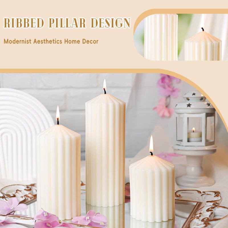 MAKALONE 3 Pack Cream White Ribbed Pillar Candles,Soy Wax Large Pillar Candles 2.8x4,6,8inch for Home,Housewarming Gift, Shelf & Table Decor,Smokeless Non-Toxic Pillar Candle-Aesthetic Modern Candles Set - Image 5