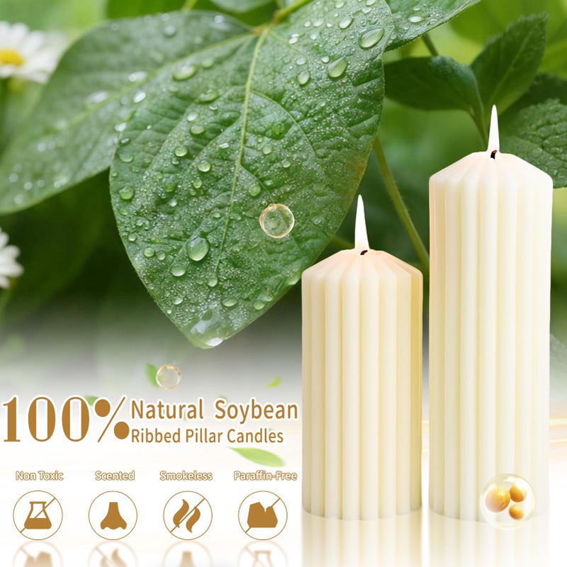 MAKALONE 3 Pack Cream White Ribbed Pillar Candles,Soy Wax Large Pillar Candles 2.8x4,6,8inch for Home,Housewarming Gift, Shelf & Table Decor,Smokeless Non-Toxic Pillar Candle-Aesthetic Modern Candles Set - Image 4