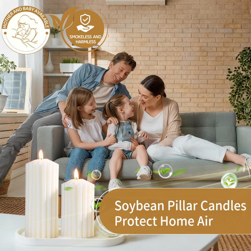 MAKALONE 3 Pack Cream White Ribbed Pillar Candles,Soy Wax Large Pillar Candles 2.8x4,6,8inch for Home,Housewarming Gift, Shelf & Table Decor,Smokeless Non-Toxic Pillar Candle-Aesthetic Modern Candles Set - Image 3