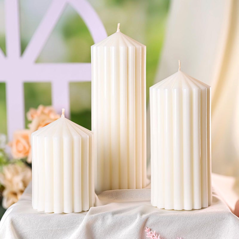 MAKALONE 3 Pack Cream White Ribbed Pillar Candles,Soy Wax Large Pillar Candles 2.8x4,6,8inch for Home,Housewarming Gift, Shelf & Table Decor,Smokeless Non-Toxic Pillar Candle-Aesthetic Modern Candles Set - Image 1