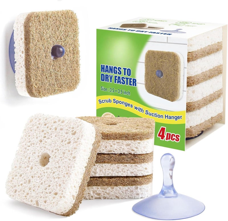 Excefore 4 Pack Natural Kitchen Scrub Sponge with Suction Hanger, Biodegradable Compostable Cellulose & Coconut Fiber, Non-Scratch Eco-Friendly Sponges for Kitchen, Bathroom, Household - Image 1