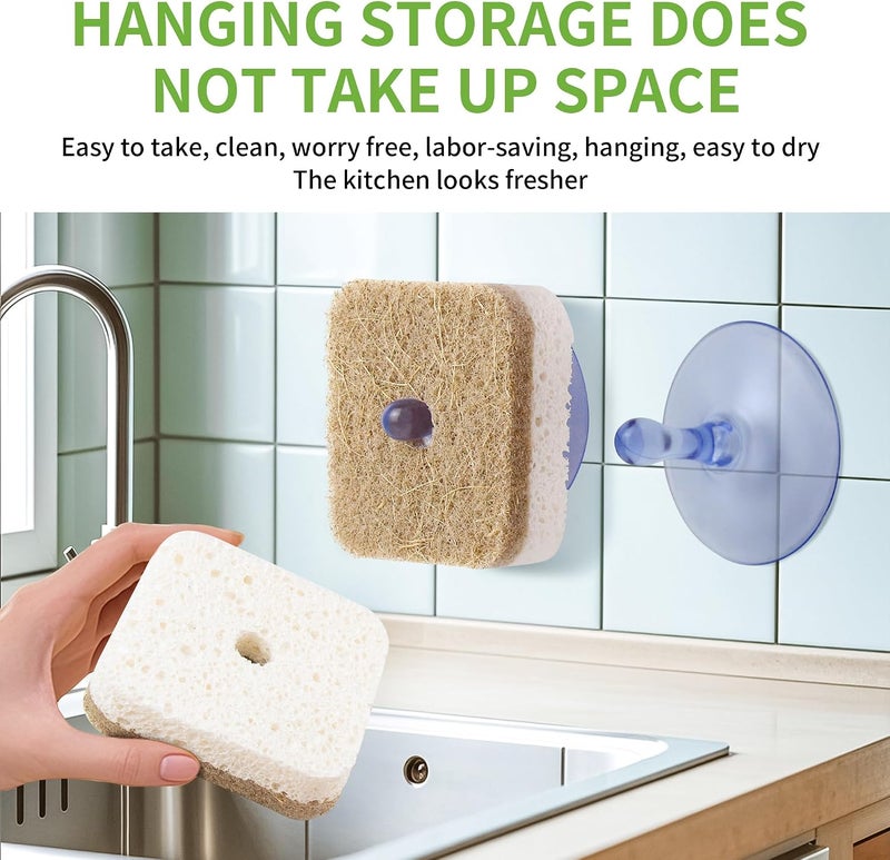 Excefore 4 Pack Natural Kitchen Scrub Sponge with Suction Hanger, Biodegradable Compostable Cellulose & Coconut Fiber, Non-Scratch Eco-Friendly Sponges for Kitchen, Bathroom, Household - Image 2
