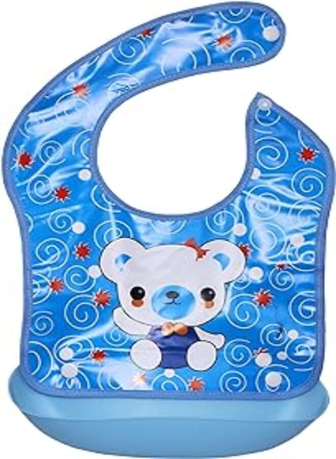 Mix and Max Mix&Max Baby Bib With Silicone Pocket Printed Bear For Boys-Blue