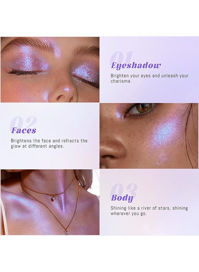 HERORANGE Holographic  Face Highlighter Palette, Multichrome High Glossy Illuminator for Eye Brightener, Pearl Shimmer Smooth Glitter Baked Eyeshadow Blush Powder Makeup with Brush # 06 Purple - Image 4