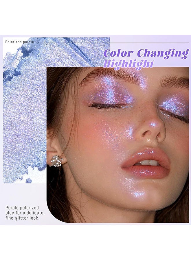 HERORANGE Holographic  Face Highlighter Palette, Multichrome High Glossy Illuminator for Eye Brightener, Pearl Shimmer Smooth Glitter Baked Eyeshadow Blush Powder Makeup with Brush # 06 Purple - Image 2