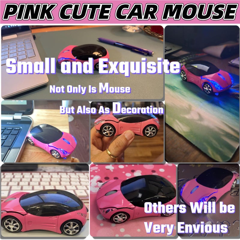 WenTigDY Pink Mouse,Cute Car Mouse with USB Reciver 1600DPI Optical 2.4G for PC Computer Laptop Tablet for Win XP/Vista/Win7/ME/2000/for Mac OS(Cute) - Image 3