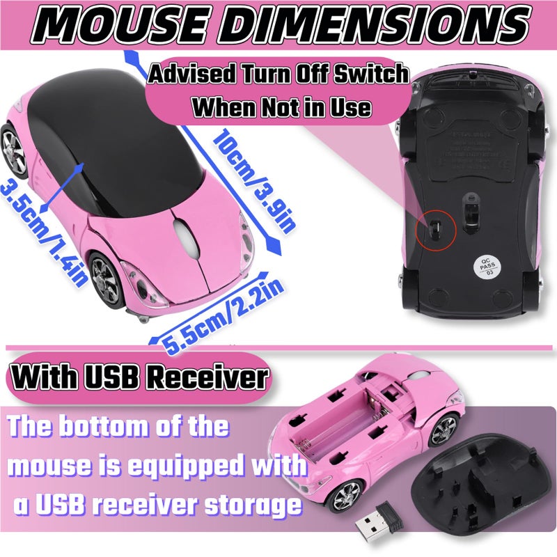 WenTigDY Pink Mouse,Cute Car Mouse with USB Reciver 1600DPI Optical 2.4G for PC Computer Laptop Tablet for Win XP/Vista/Win7/ME/2000/for Mac OS(Cute) - Image 2