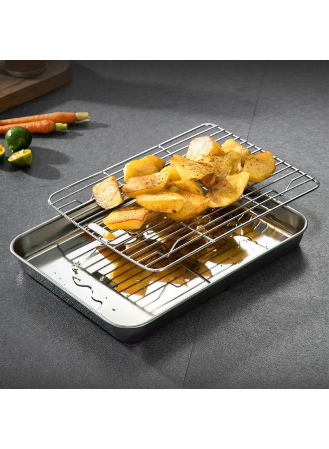 Japanese Style Flat Bottom 304 Stainless Steel Grill Net Square Dish Draining Tray Special For Oven Grilling Oil Draining Dish Plate-Specifications:22*17.5*2.5cm-Color:430 Square Plate With 201 Grilling Net  - Image 1