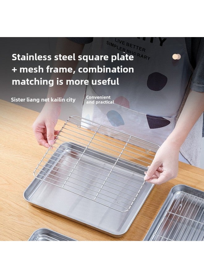 Japanese Style Flat Bottom 304 Stainless Steel Grill Net Square Dish Draining Tray Special For Oven Grilling Oil Draining Dish Plate-Specifications:22*17.5*2.5cm-Color:430 Square Plate With 201 Grilling Net  - Image 3