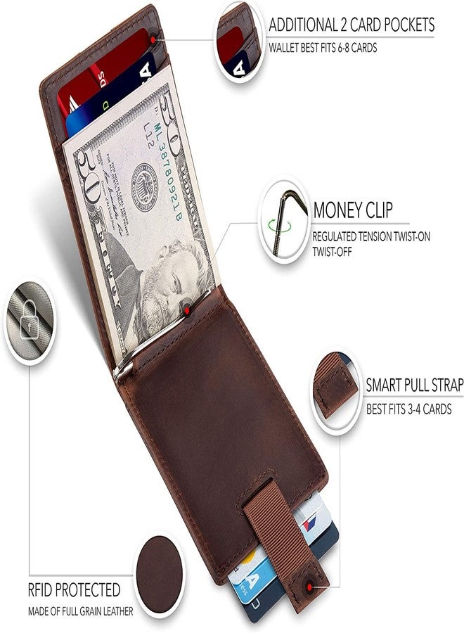 Contacts Genuine Leather Money Clip Wallet Slim Front Pocket RFID Blocking Card Holder Minimalist Mini Bifold for Men's with Smart Pull Strap 8 Card Slots Photo ID (Brown) - Image 3