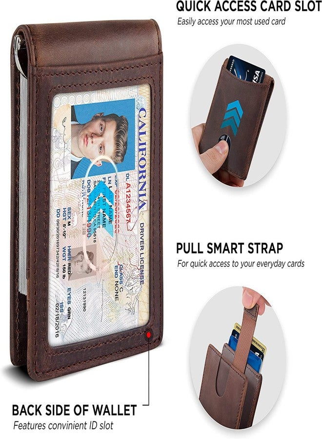 Contacts Genuine Leather Money Clip Wallet Slim Front Pocket RFID Blocking Card Holder Minimalist Mini Bifold for Men's with Smart Pull Strap 8 Card Slots Photo ID (Brown) - Image 4