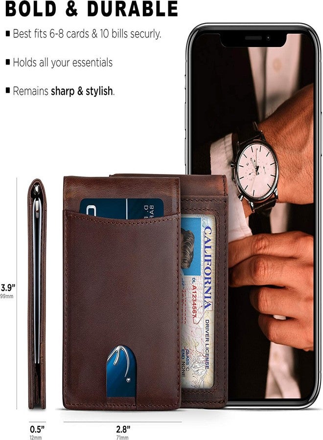 Contacts Genuine Leather Money Clip Wallet Slim Front Pocket RFID Blocking Card Holder Minimalist Mini Bifold for Men's with Smart Pull Strap 8 Card Slots Photo ID (Brown) - Image 5