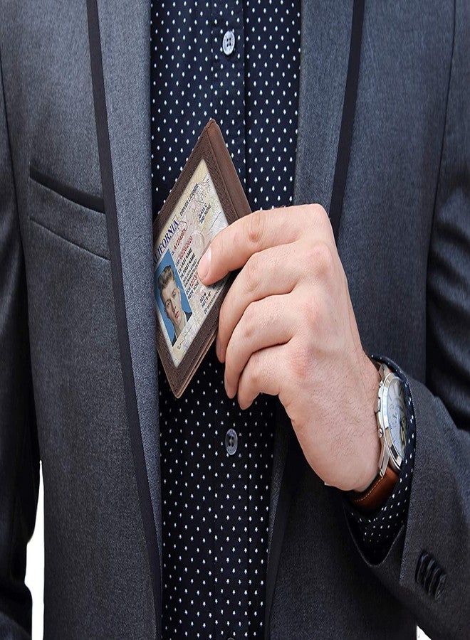 Contacts Genuine Leather Money Clip Wallet Slim Front Pocket RFID Blocking Card Holder Minimalist Mini Bifold for Men's with Smart Pull Strap 8 Card Slots Photo ID (Brown) - Image 2