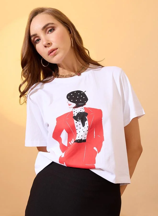 globus Globus White Lady Graphic Print Boxy Crop T-Shirt