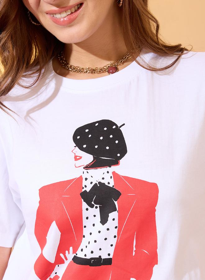 Globus White Lady Graphic Print Boxy Crop T-Shirt - Image 4
