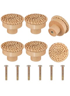 KASTWAVE Wooden Drawer Knobs, Rattan Dresser Knobs Round Handmade Wicker Woven and Screws for Boho Furniture Knobs Cabinets Dresser Handles Hardware Pulls Cabinet Knobs Wood Color 35*30mm  - Image 1
