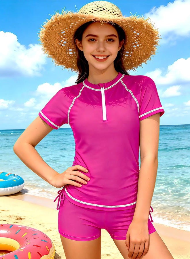 TyeSmo Girls Swimsuit Rash Guard Bathing Suit for Girls 2 Piece Short Sleeve Solid Color UPF 50+ Padded Zip Swimwear 7-14y - Image 4