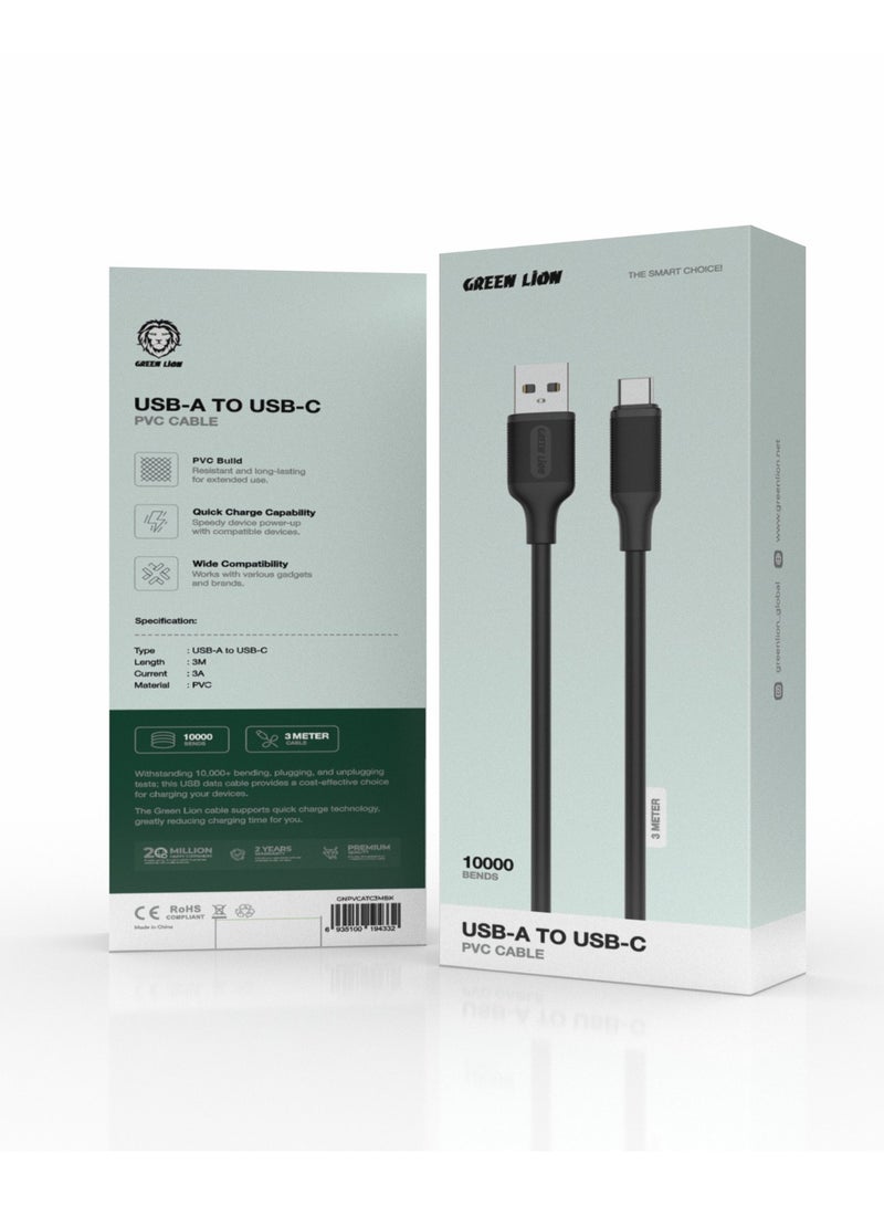 GREEN LION USB-A to USB-C PVC Cable 3M / 480mbps Transfer Speed / Quick Charge Capability / Wide Compatibility / 10000 Bends Life Span / Secure & Safe / Charge & Sync - Black - Image 2