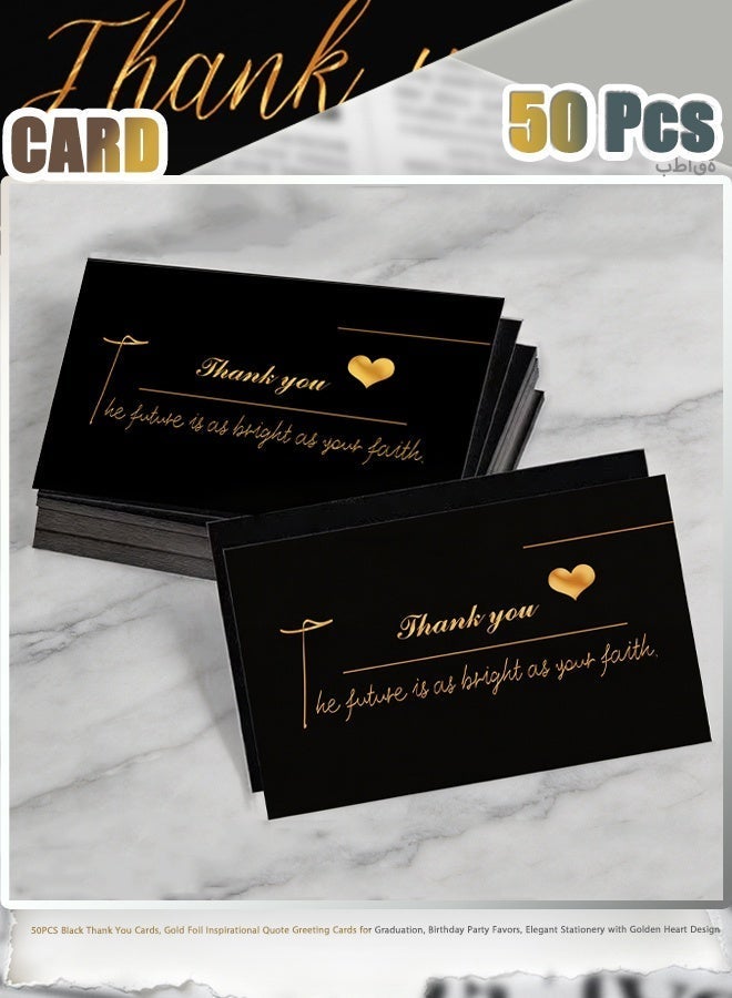 50PCS Black Thank You Cards, Gold Foil Inspirational Quote Greeting Cards for Graduation, Birthday Party Favors, Elegant Stationery with Golden Heart Design - Image 1