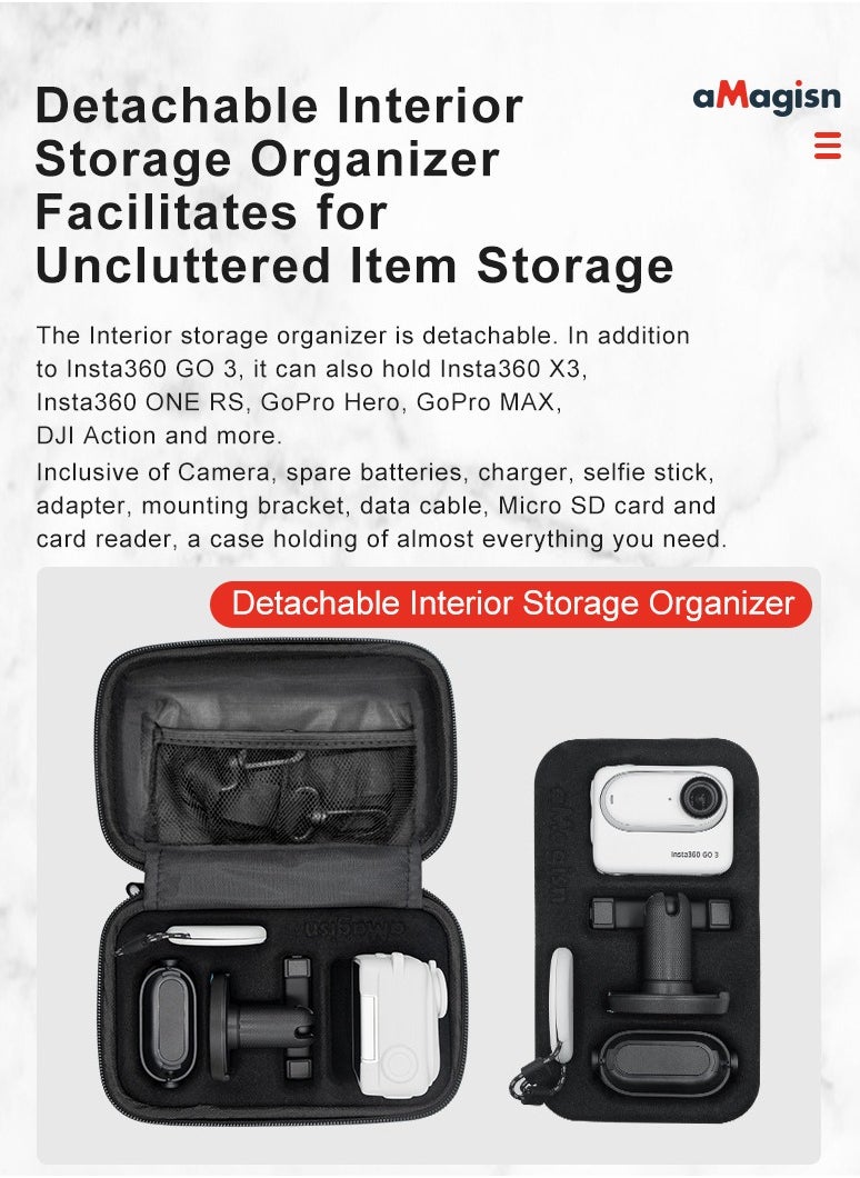 Compact Storage Case for Insta360 GO3/GO3S – Shockproof Hard Shell, Removable Tray, Fits GoPro/X3/ONE RS, Waterproof, Shoulder & Wrist Carry Options（Grey）