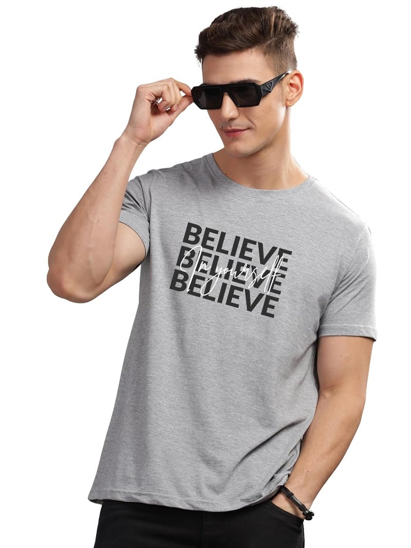 ADRO Men's Grey Motivational Printed T-Shirt - Believe in Yourself Graphic, Regular Fit, Cotton Lycra Stretch Fabric - Image 1