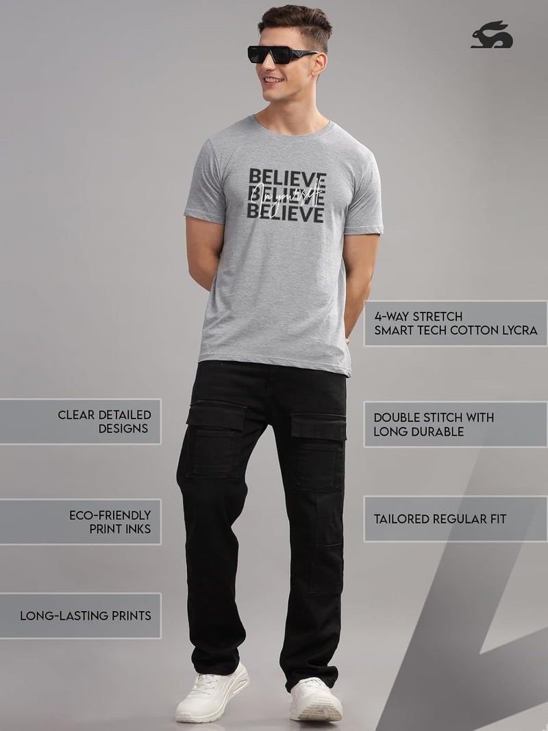 ADRO Men's Grey Motivational Printed T-Shirt - Believe in Yourself Graphic, Regular Fit, Cotton Lycra Stretch Fabric - Image 4