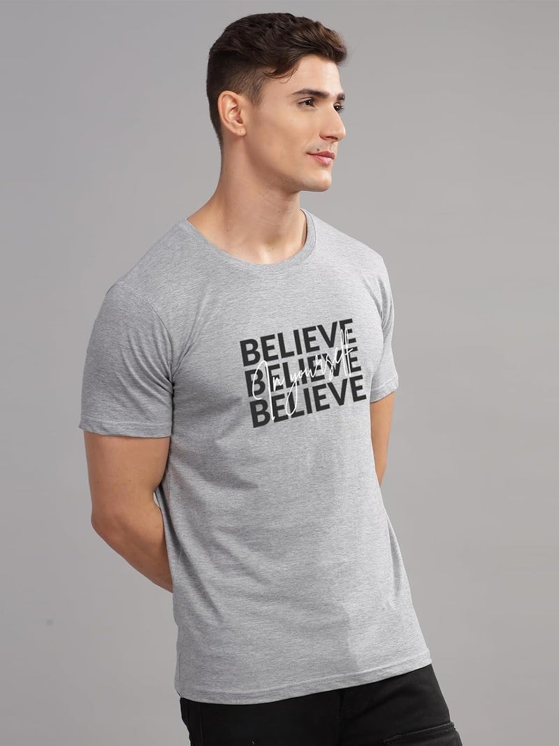 ADRO Men's Grey Motivational Printed T-Shirt - Believe in Yourself Graphic, Regular Fit, Cotton Lycra Stretch Fabric - Image 3