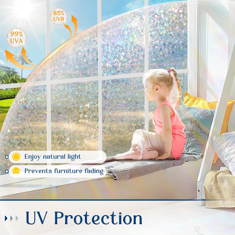 Haton Window Privacy Film Rainbow Film Stained Glass Window Clings, 3D Decorative UV Sun Blocking Sticker, Static Cling Removable Heat Control Tint for Home Door, 17.5" x 78.7" Non-Adhesive - Image 3
