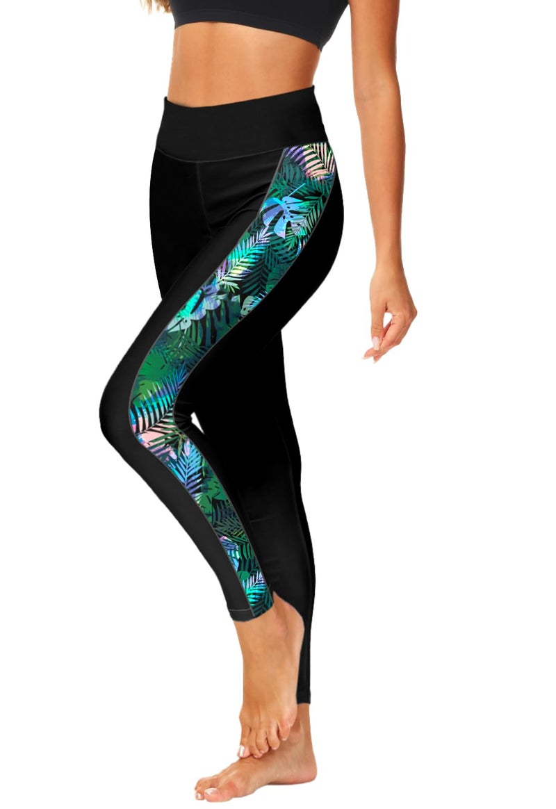Deerose Womens Swimming Pants Hawaiian Full Length Sun Protection High Waisted Swim Leggings Long Swim Shorts L Green Leaves - Image 4