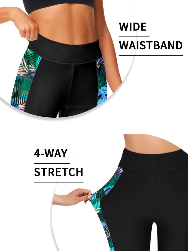 Deerose Womens Swimming Pants Hawaiian Full Length Sun Protection High Waisted Swim Leggings Long Swim Shorts L Green Leaves - Image 3