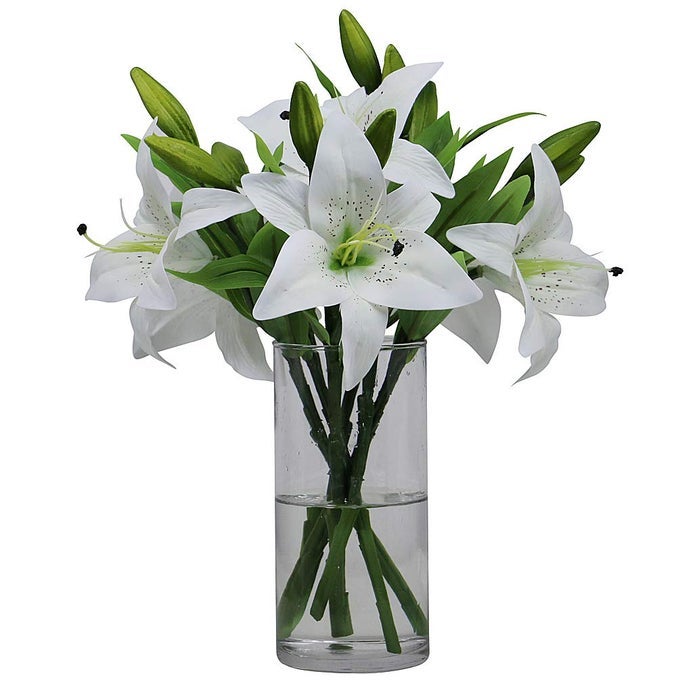 6PCS WHITE ARTIFICIAL LILY FLOWER FAUX PLASTIC LILY HOME OFFICE GARDEN WEDDING PARTY EASTER DAY DECORATION WITHOUT VASE