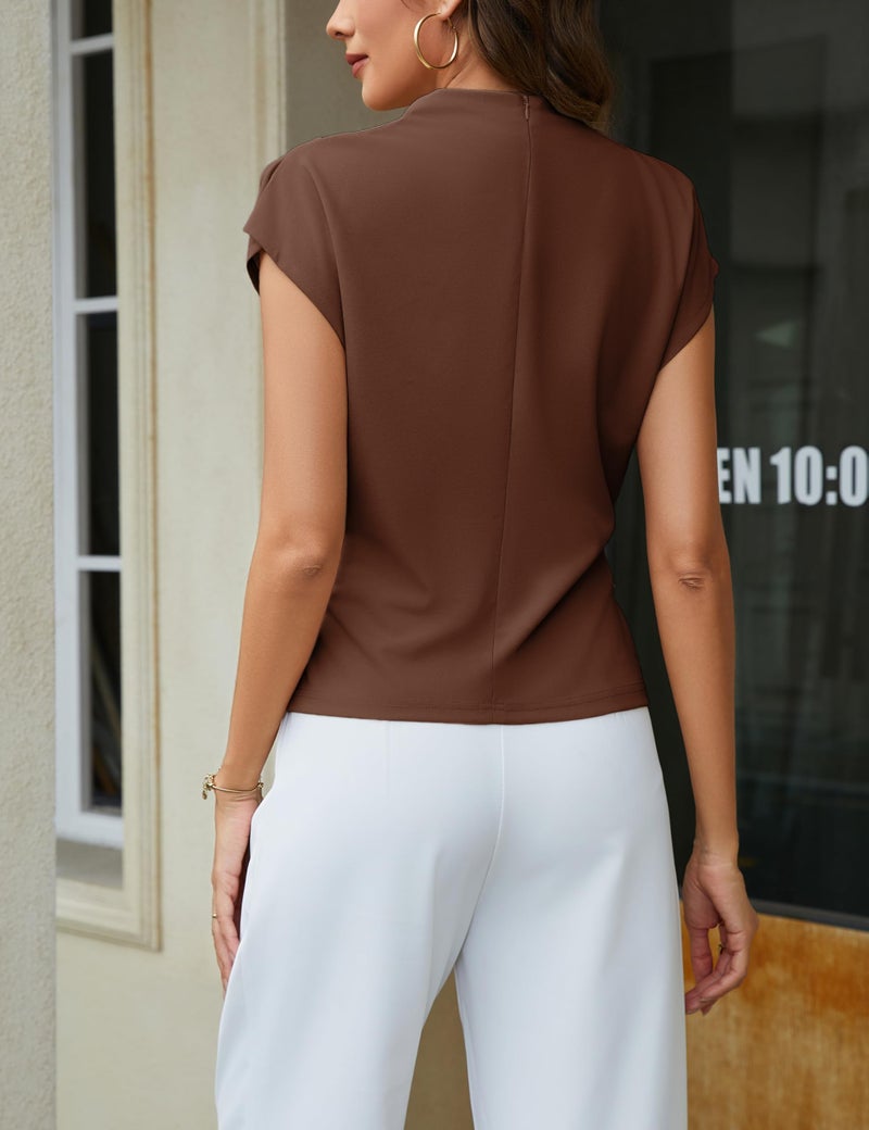 Yeokou Women Buckle Tie Top Stand Collar Belted Short Sleeve Elegant Dressy Spring Summer Business Casual Party Blouse(Brown-S) - Image 4