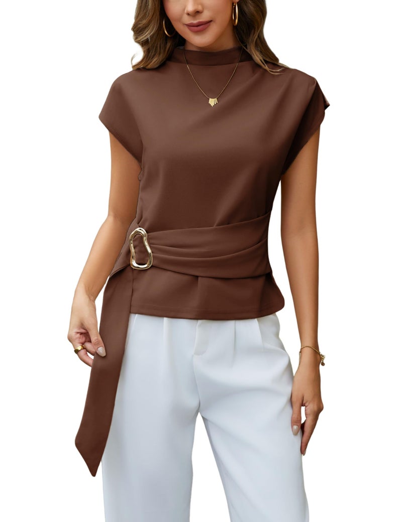 Yeokou Women Buckle Tie Top Stand Collar Belted Short Sleeve Elegant Dressy Spring Summer Business Casual Party Blouse(Brown-S) - Image 1